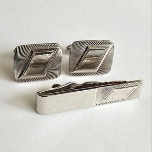 Vintage set cuff links tie clip silver tone geometric rhombus parallelogram
